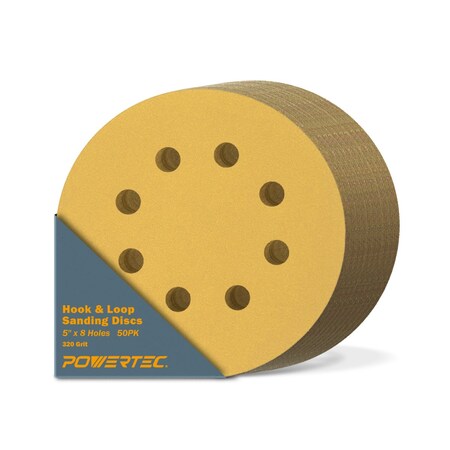 Powertec 5 in. x 8 Holes, 320 Grit, A/O Hook & Loop Sanding Disc, Gold, 50PK 44032G-50